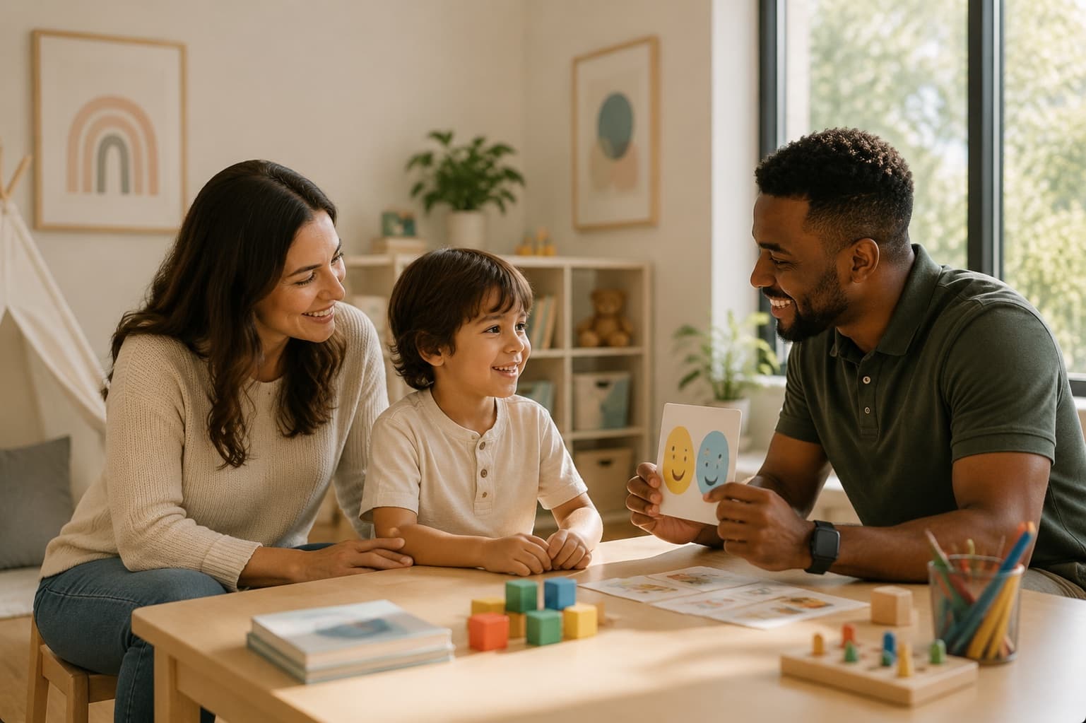 A child at a low table with a therapist holding up picture cards, a parent sitting alongside, in a light room with blocks and drawing materials.