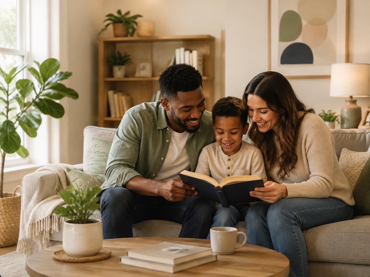 Two parents and a young child reading a book together on a sofa in soft daylight.